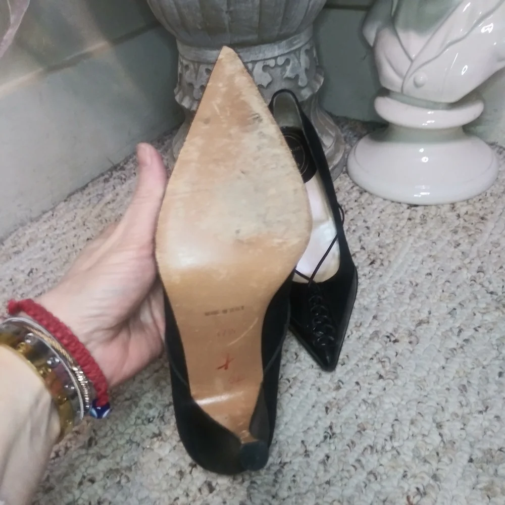 Vintage Christian Dior Sexy Black Corset Lacing Pointed Toe Suede, Leather Pumps - Picture 6 of 8